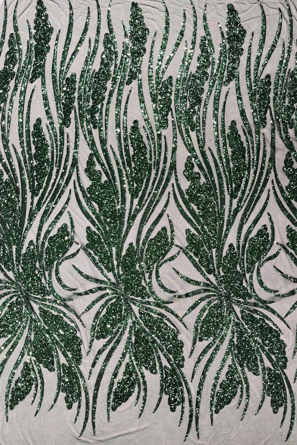 Wavy Leaf Sequins Fabric - Hunter Green - Wavy Lines and Leaves Design on Lace Mesh Fabric by Yard