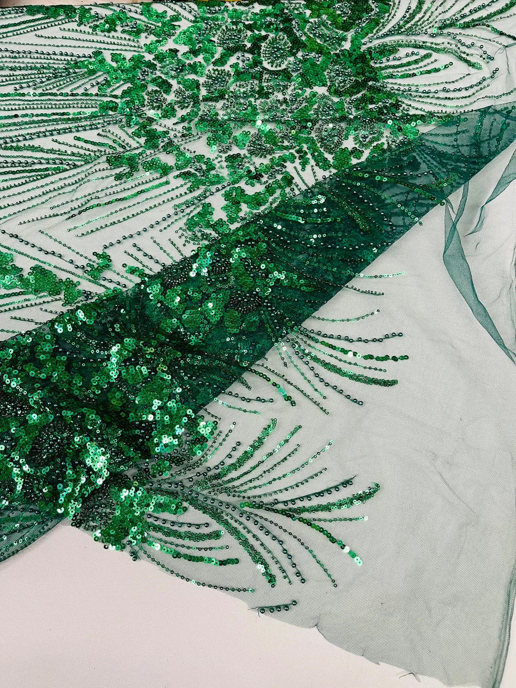 Beaded Floral Line Fabric - Hunter Green - Beaded Embroidered Lines and Flowers on Mesh By Yard