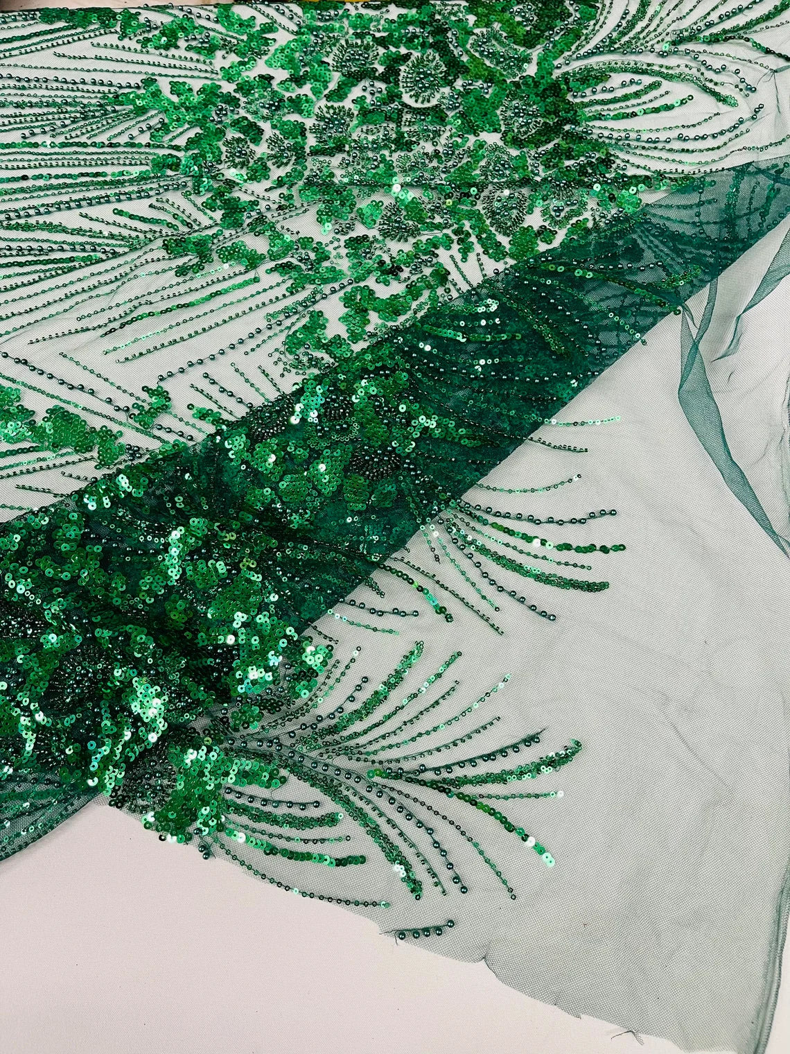 Beaded Floral Line Fabric - Hunter Green - Beaded Embroidered Lines and Flowers on Mesh By Yard