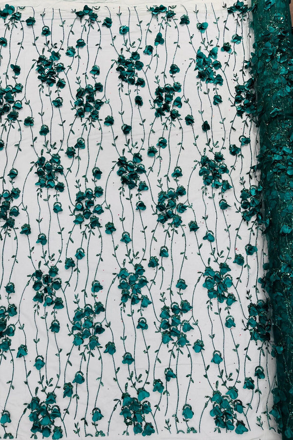 3D Glitter Floral Fabric - Hunter Green - 3D Flowers with Sequins and Glitter on Mesh Sold By Yard