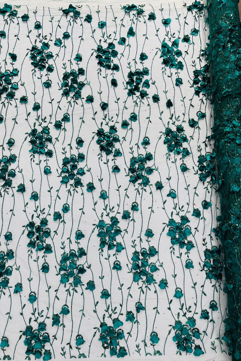 3D Glitter Floral Fabric - Hunter Green - 3D Flowers with Sequins and Glitter on Mesh Sold By Yard