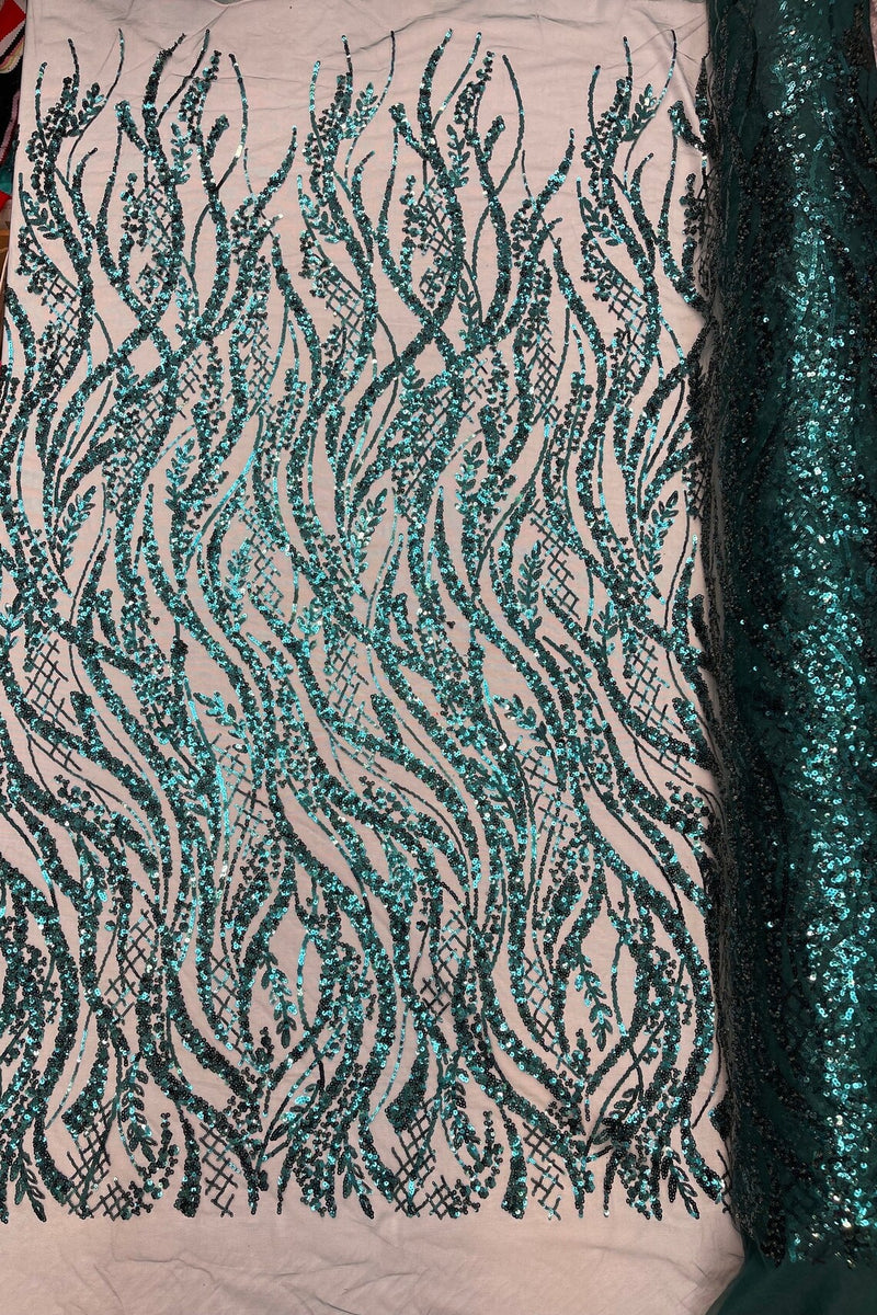 Floral Beaded Wavy Fabric - Hunter Green - Beaded Sequins Wavy Embroidered Fabric Sold By Yard