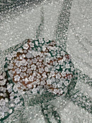 Small Beaded Flower Pearl Fabric - Hunter Green - Pearls and Beads Embroidered Fabric By Yard