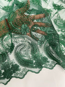 Metallic Corded Lace - Hunter Green - Paisley Floral Fabric with Metallic Thread on a Mesh Lace By Yard