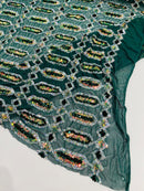 Fancy Gem Jewel Fabric - Hunter Green - Geometric Stretch Sequins Design on Mesh By Yard