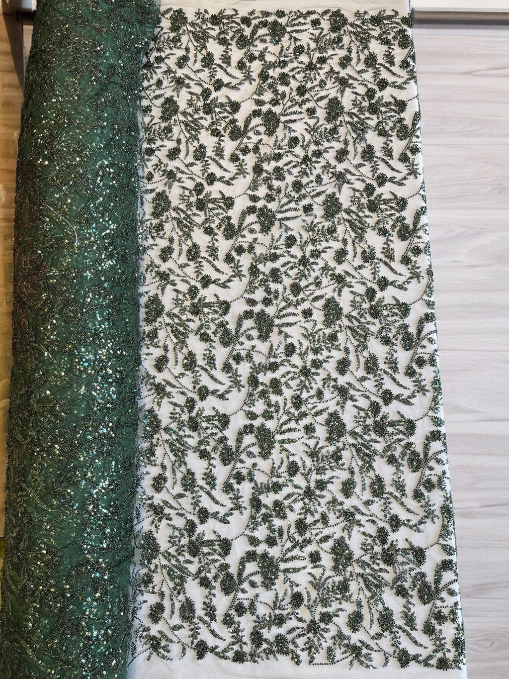 Beaded Floral Plant Design - Hunter Green - Embroidered Beaded Flower Plants Sequins Fabric By Yard