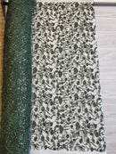 Beaded Floral Plant Design - Hunter Green - Embroidered Beaded Flower Plants Sequins Fabric By Yard