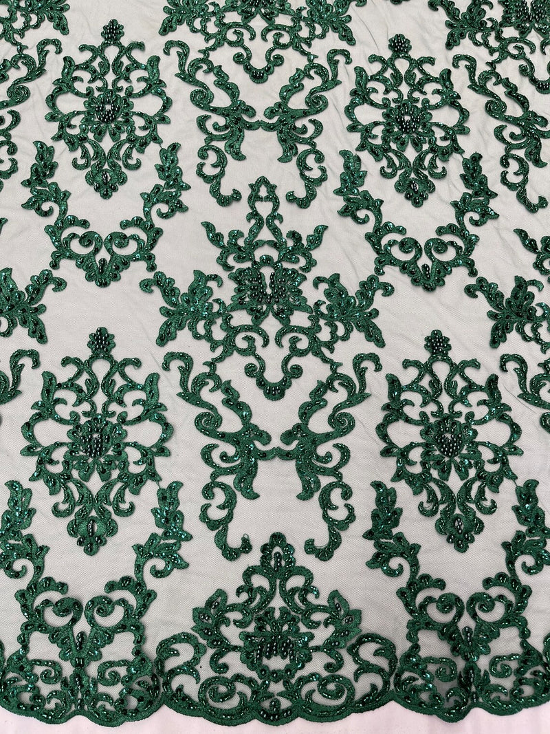 Butterfly Bead Sequins Fabric - Hunter Green - Damask Beaded Sequins Lace Fabric by the yard