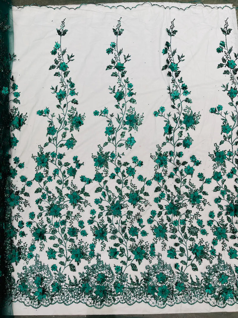 3D Flower Glitter Fabric - Hunter Green - Floral Glitter Sequin Design on Lace Mesh Fabric by Yard