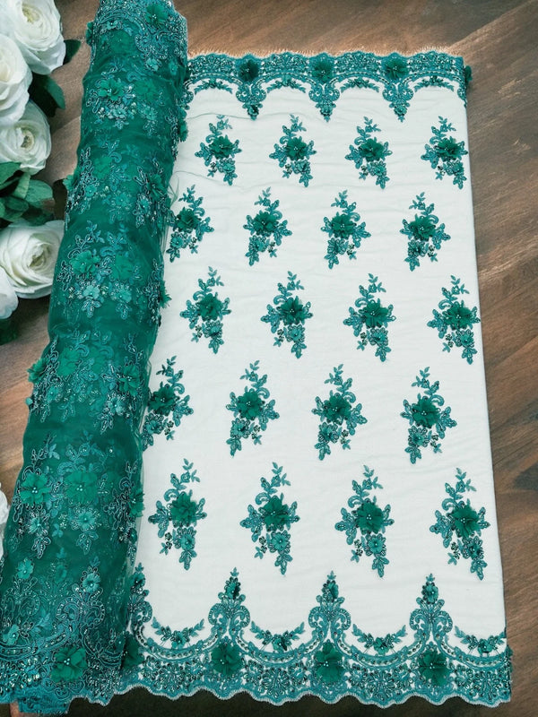 3D Floral Pearl Design - Hunter Green - Floral Embroidered Pearls and Sequins Fabric By Yard