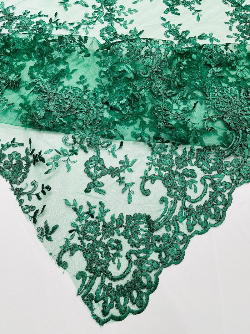 Floral Plant Lace Fabric - Hunter Green - Embroidery Flower Small Leaf Design Lace Fabric Sold By Yard