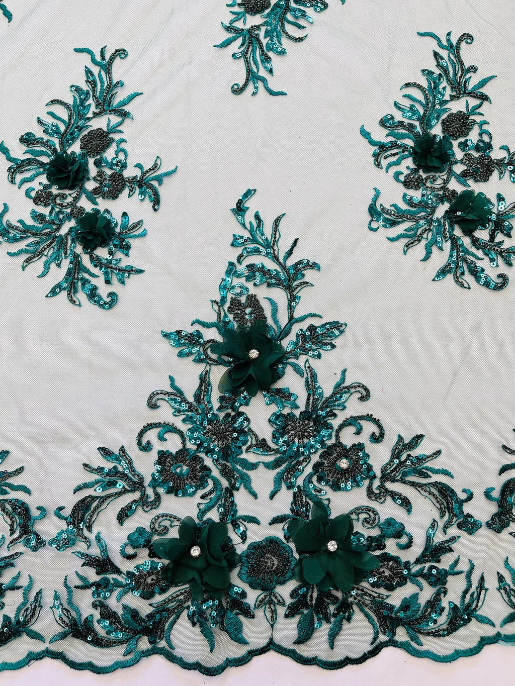 3D Floral Rhinestone Fabric - Hunter Green - Beaded Flower Clusters with Rhinestones / Sequins By Yard