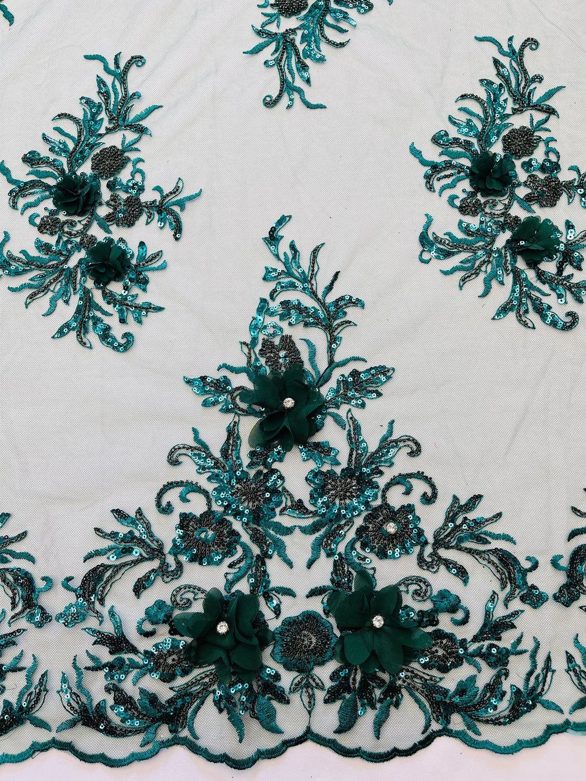 3D Floral Rhinestone Fabric - Hunter Green - Beaded Flower Clusters with Rhinestones / Sequins By Yard