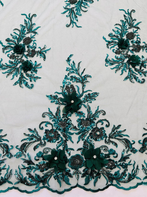 3D Floral Rhinestone Fabric - Hunter Green - Beaded Flower Clusters with Rhinestones / Sequins By Yard