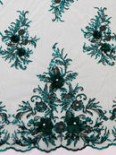 3D Floral Rhinestone Fabric - Hunter Green - Beaded Flower Clusters with Rhinestones / Sequins By Yard