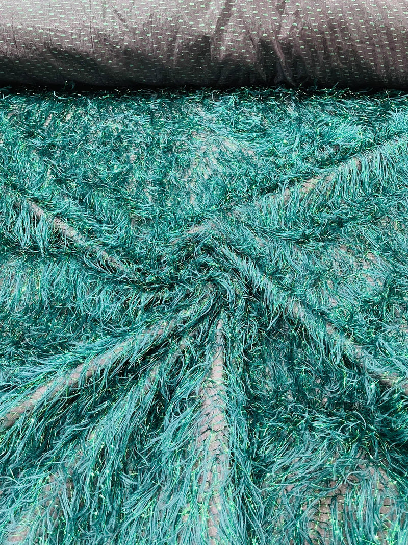 Metallic Eyelash Fabric - Hunter Green - Feather/Eyelash/Fringe Design on Mesh By Yard