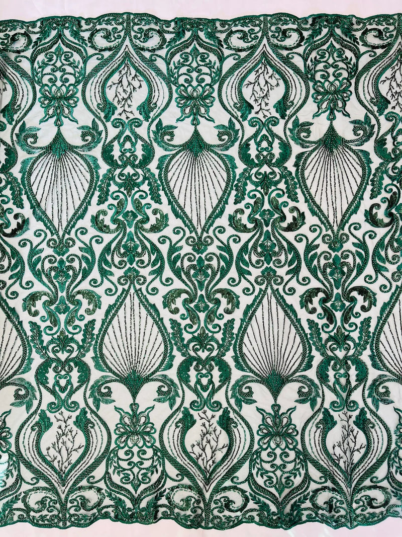 Damask Leaf Bead Fabric - Hunter Green - Heavy Beaded Embroidered Sequins Lace Fabric by Yard