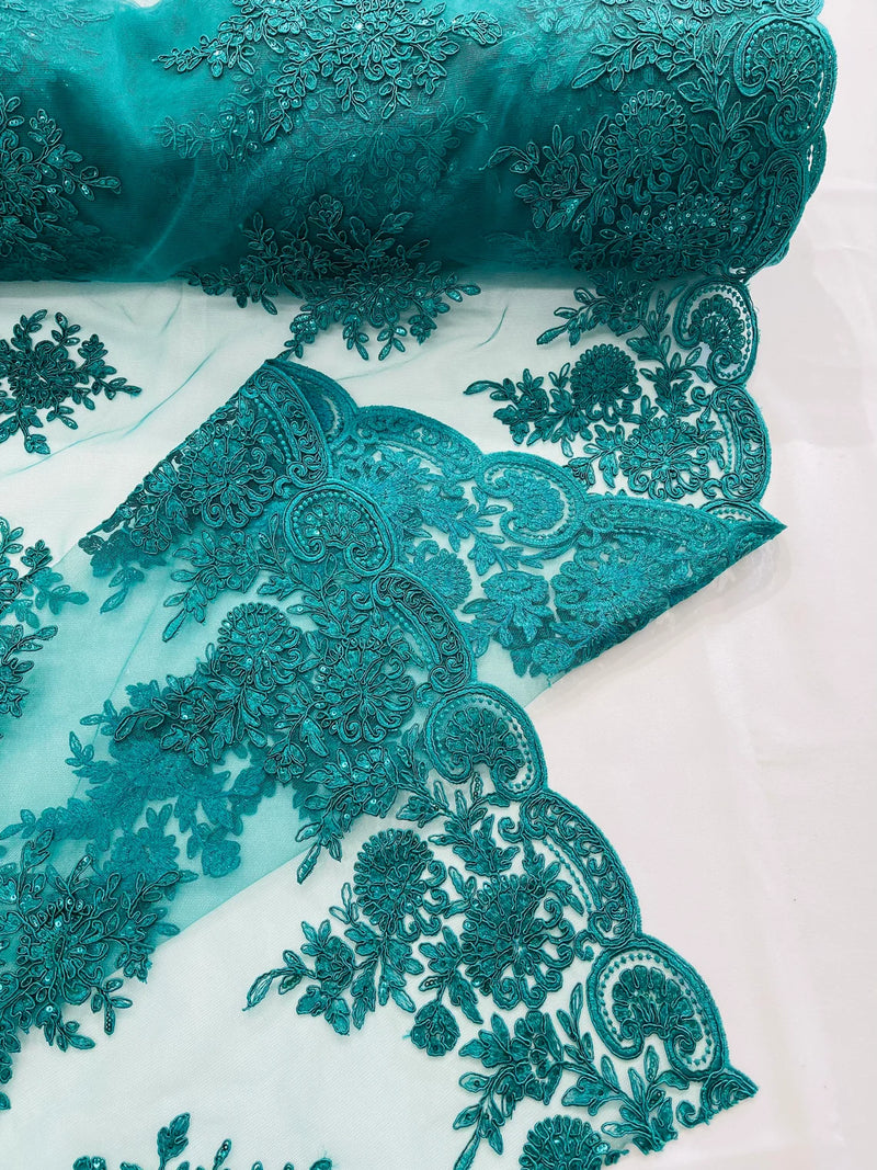 Floral Lace Flower Fabric - Hunter Green - Floral Embroidered Fabric with Sequins on Lace By Yard