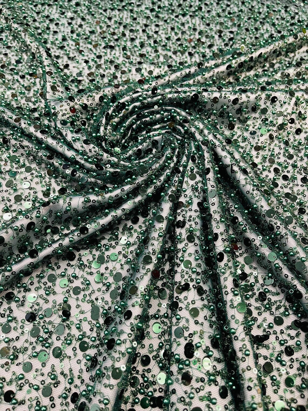 Heavy Duty Sequins Pearl Fabric - Hunter Green - Heavy Handmade Embroidery Lace with Sequins All Over By Yard