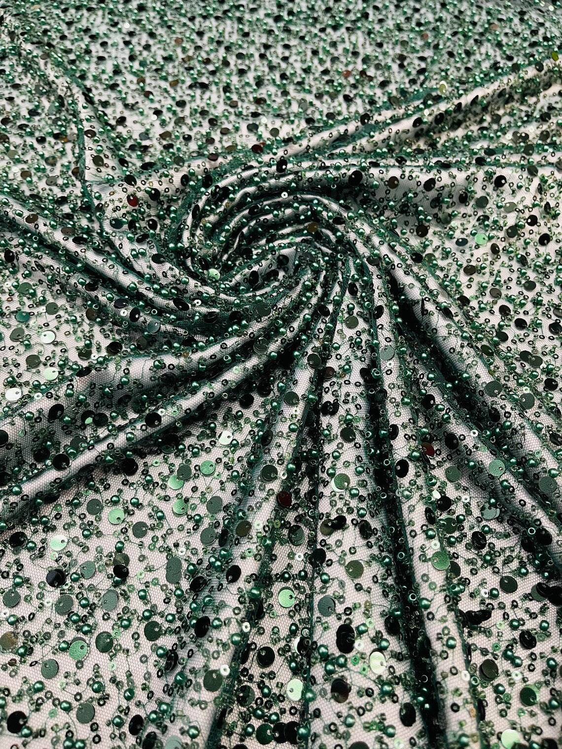 Heavy Duty Sequins Pearl Fabric - Hunter Green - Heavy Handmade Embroidery Lace with Sequins All Over By Yard