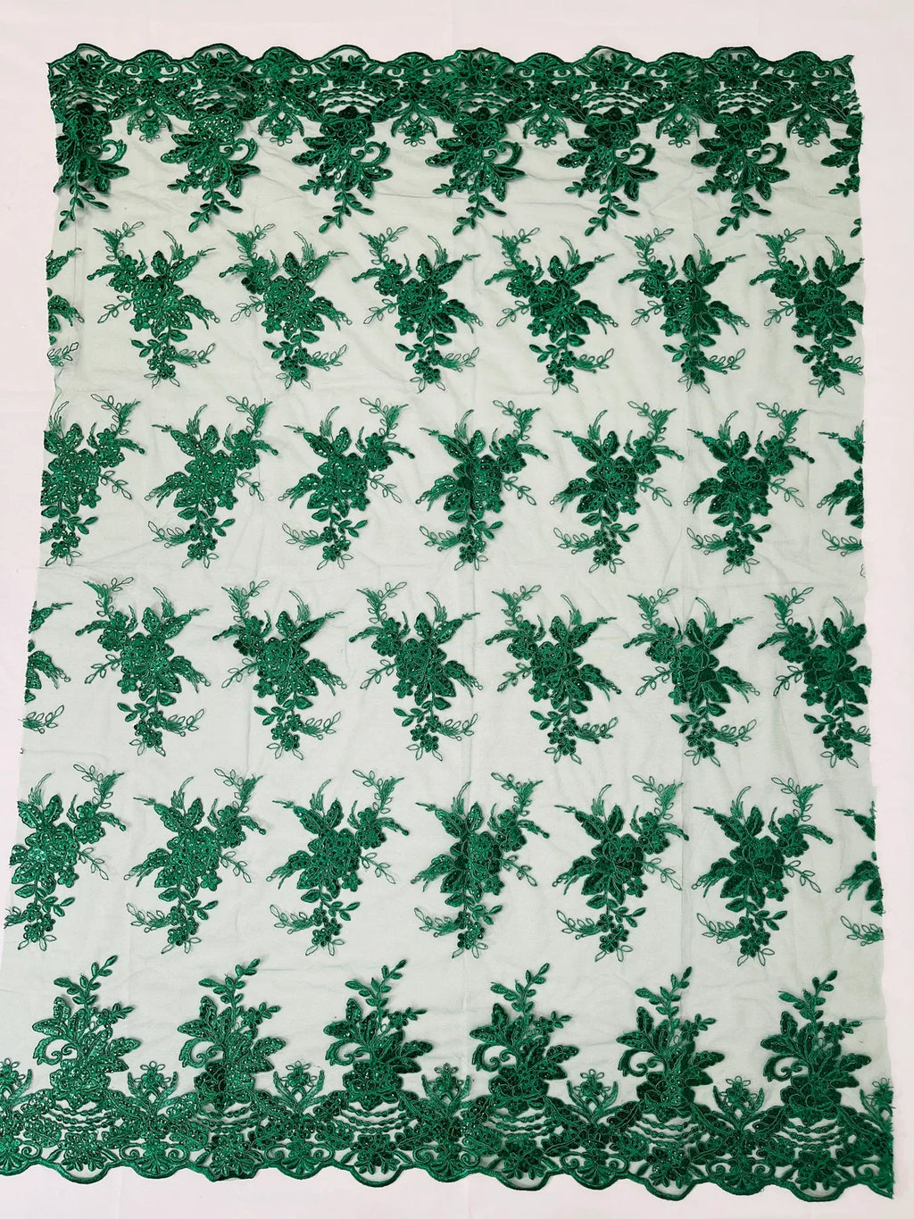 Floral Plant Lace Fabric - Hunter Green - Flower Plant Design Lace Sequins Fabric Sold By Yard