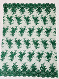 Floral Plant Lace Fabric - Hunter Green - Flower Plant Design Lace Sequins Fabric Sold By Yard