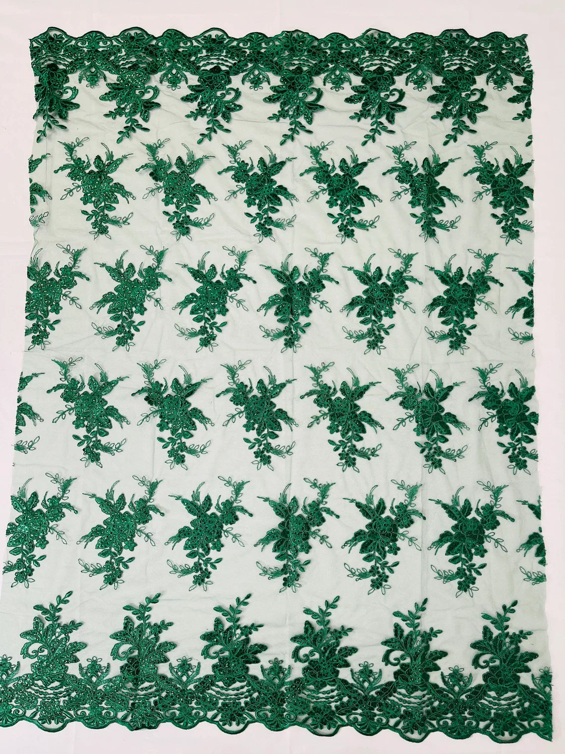 Floral Plant Lace Fabric - Hunter Green - Flower Plant Design Lace Sequins Fabric Sold By Yard