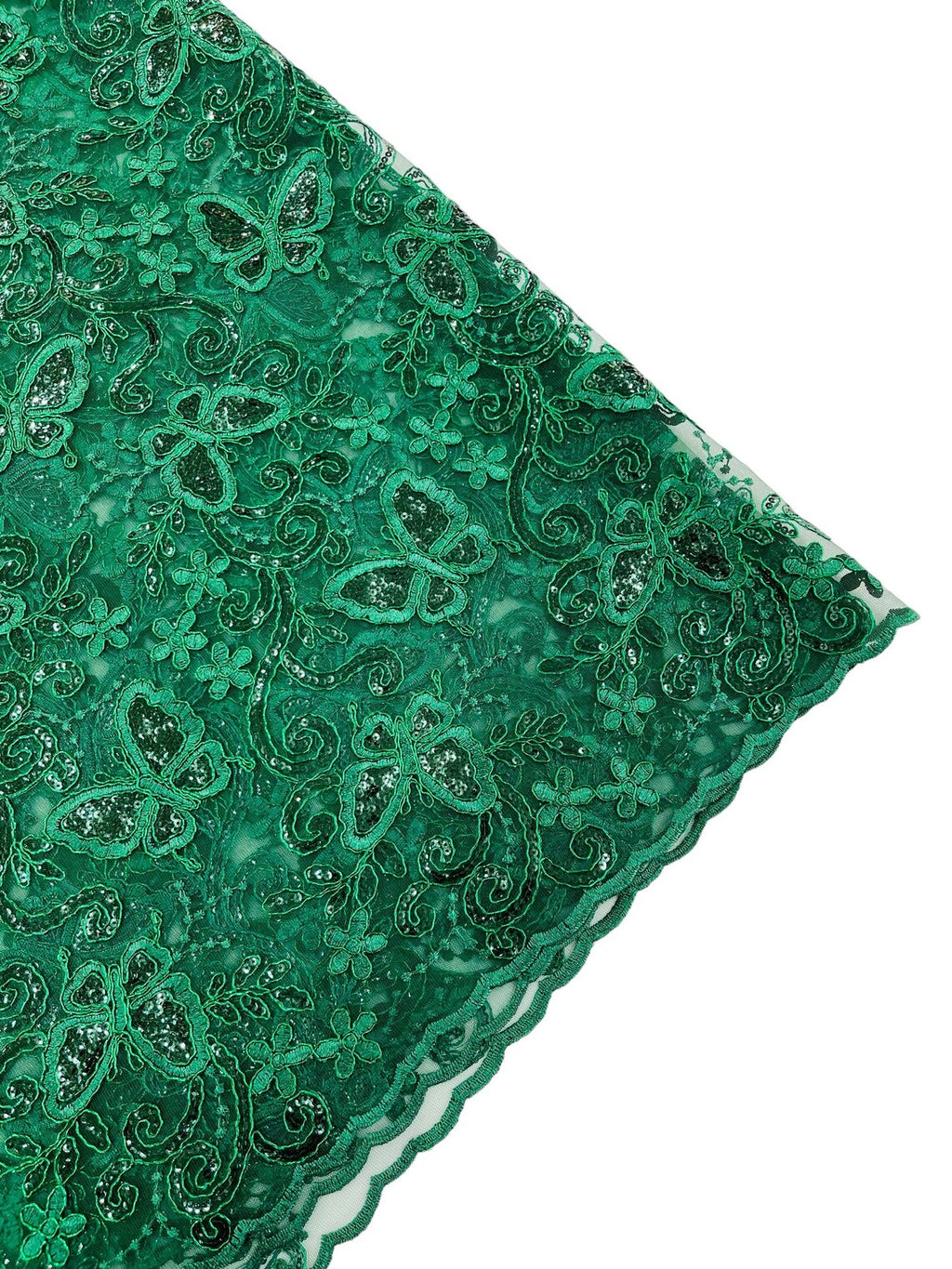 Butterfly Sequins Fabric - Hunter Green - Metallic Floral Butterfly Design on Lace Fabric By Yard