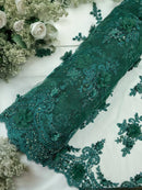 3D Floral Pearl Design - Hunter Green - Floral Embroidered Pearls and Sequins Fabric By Yard