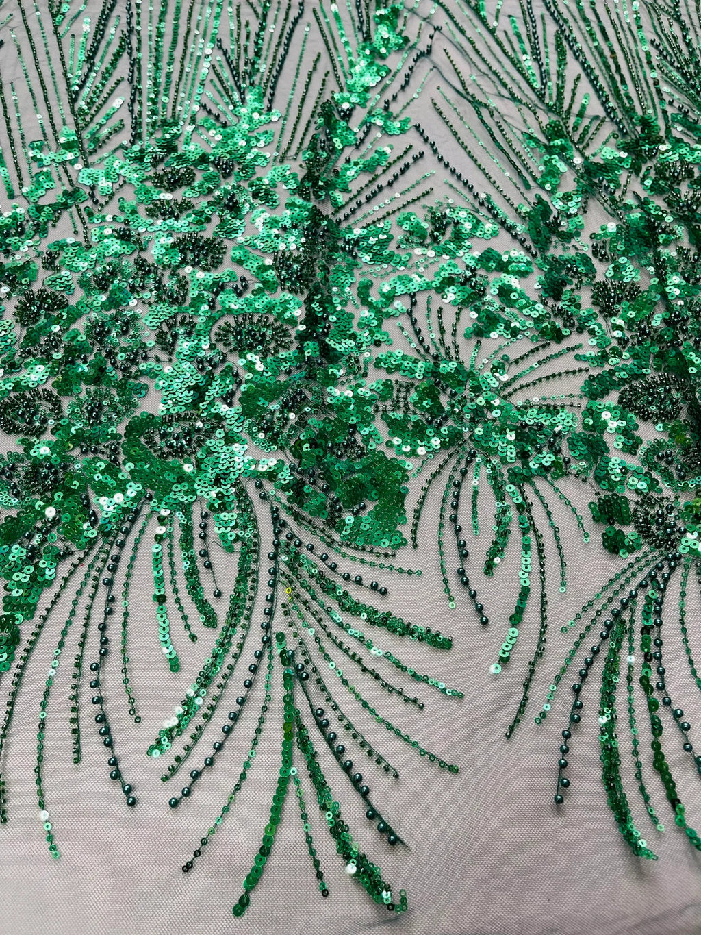 Beaded Floral Line Fabric - Hunter Green - Beaded Embroidered Lines and Flowers on Mesh By Yard
