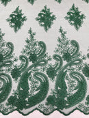 Metallic Corded Lace - Hunter Green - Paisley Floral Fabric with Metallic Thread on a Mesh Lace By Yard