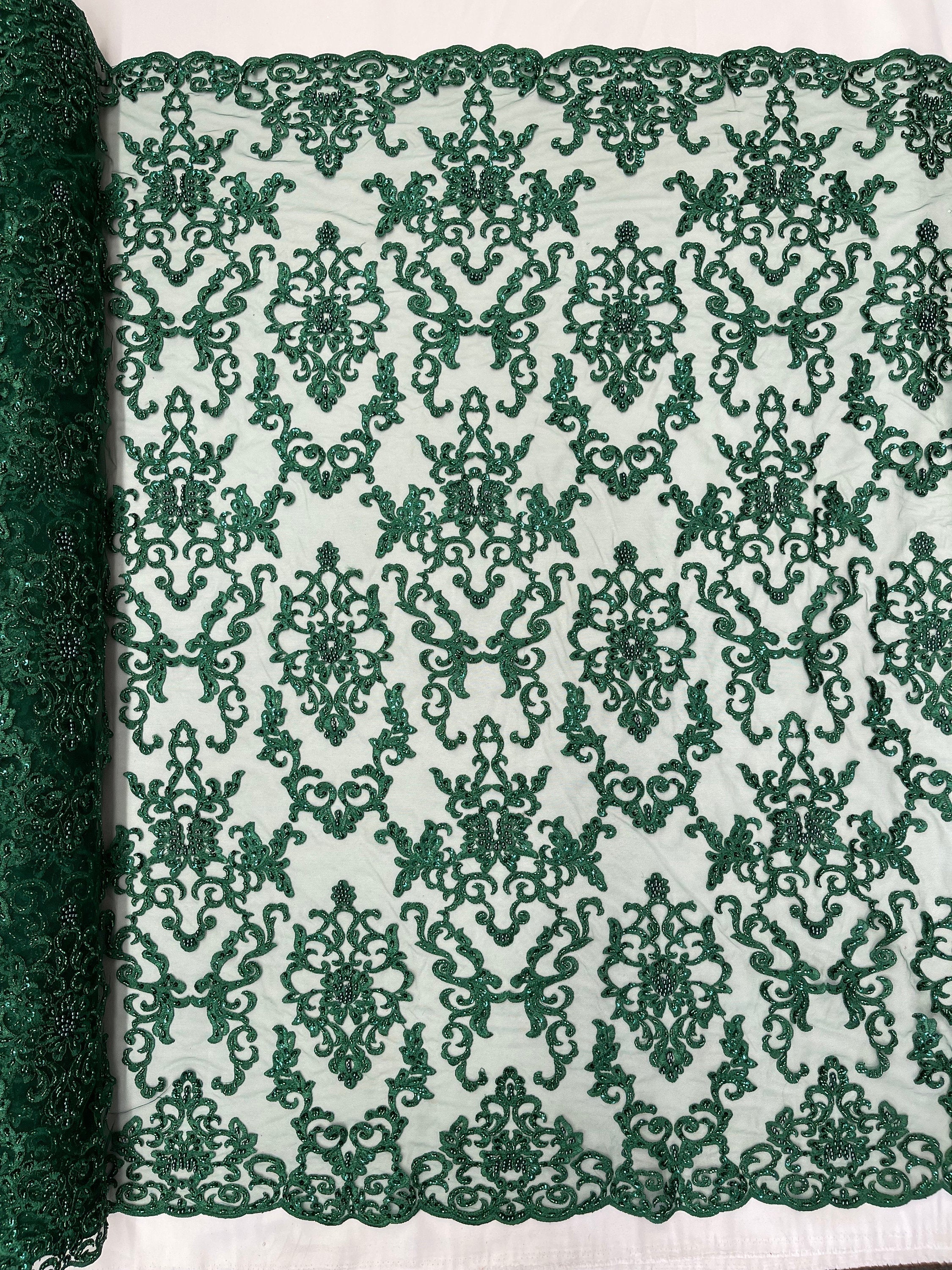 Butterfly Bead Sequins Fabric - Hunter Green - Damask Beaded Sequins Lace Fabric by the yard