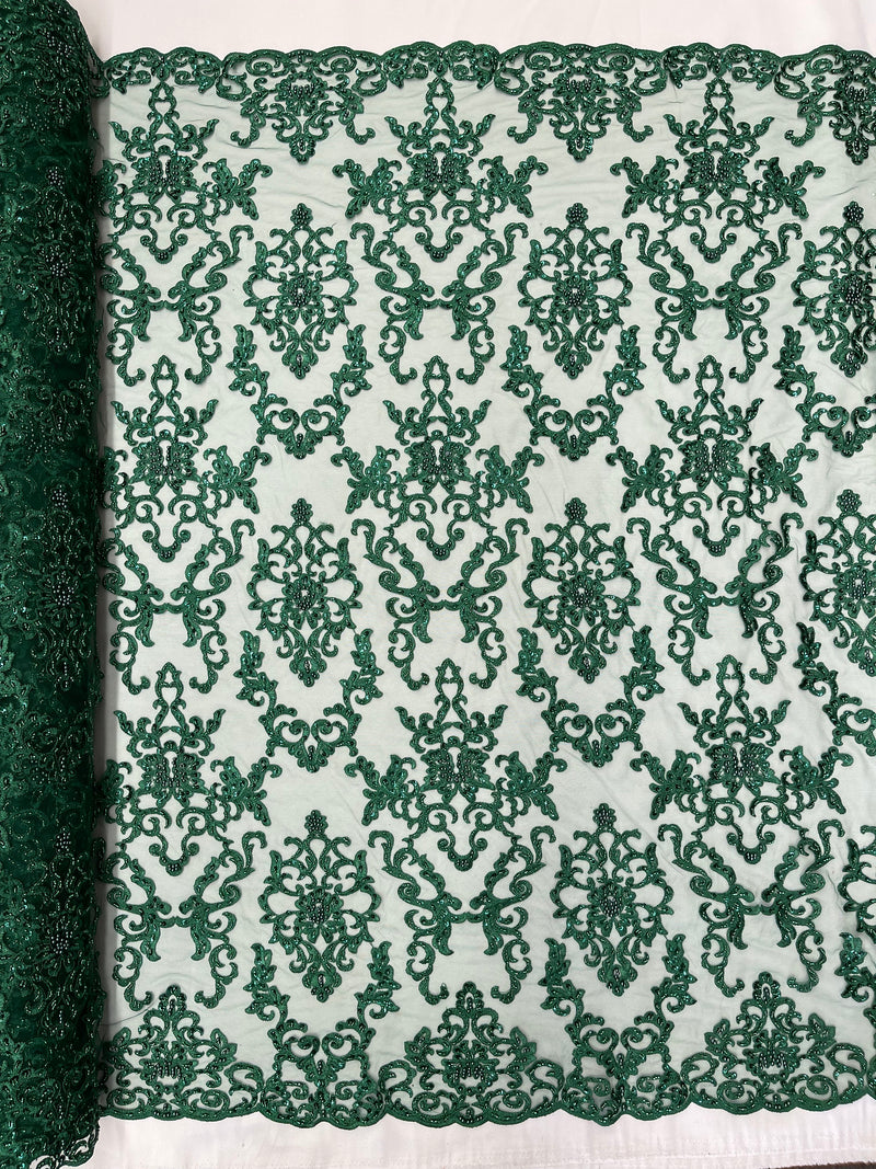 Butterfly Bead Sequins Fabric - Hunter Green - Damask Beaded Sequins Lace Fabric by the yard