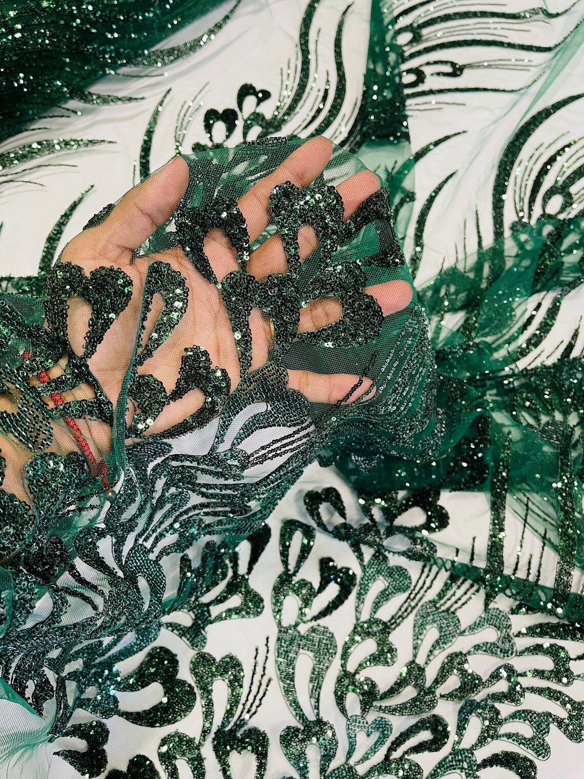 Fancy Wavy Leaf Bead Fabric - Hunter Green - Leaf Line Beaded Design Embroidered Mesh By Yard