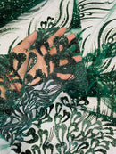 Fancy Wavy Leaf Bead Fabric - Hunter Green - Leaf Line Beaded Design Embroidered Mesh By Yard