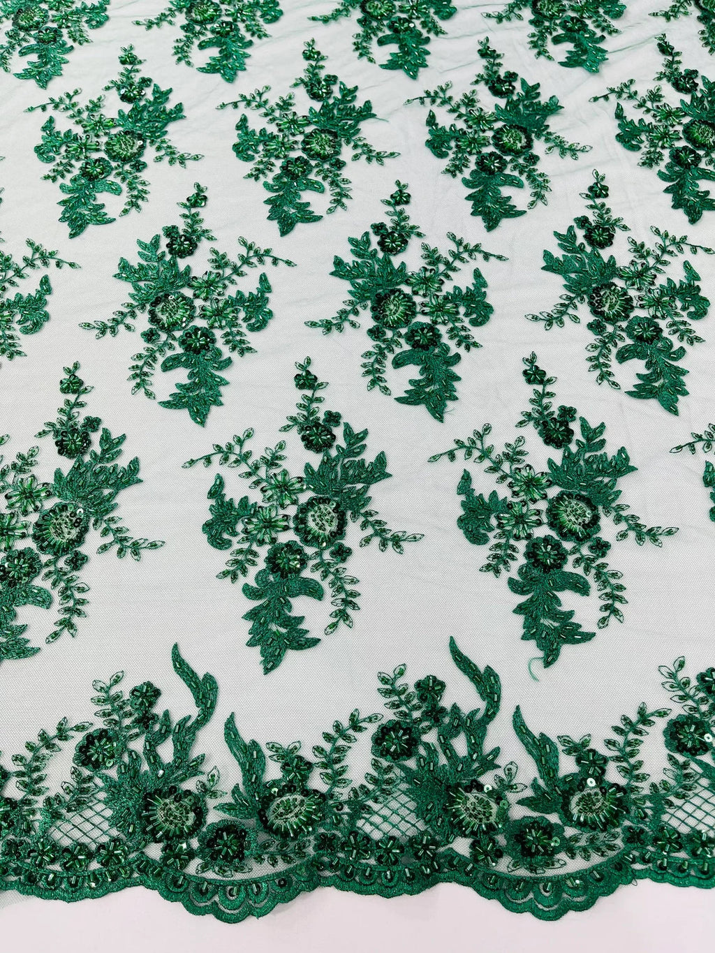 Beaded Flower Sequins Fabric - Hunter Green - Embroidered Beaded Floral Clusters Sequins Fabric By Yard