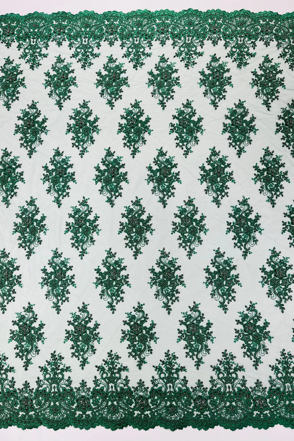 Floral Pearl Bead Fabric - Hunter Green - Flower Design with Beads and Sequins Fabric Sold By Yard