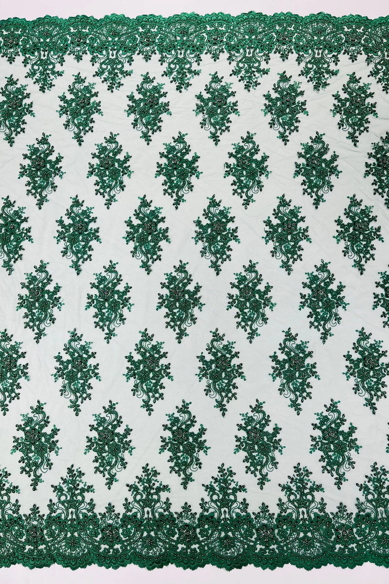 Floral Pearl Bead Fabric - Hunter Green - Flower Design with Beads and Sequins Fabric Sold By Yard