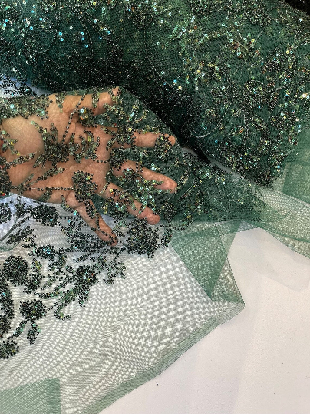 Beaded Floral Plant Design - Hunter Green - Embroidered Beaded Flower Plants Sequins Fabric By Yard