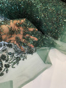 Beaded Floral Plant Design - Hunter Green - Embroidered Beaded Flower Plants Sequins Fabric By Yard