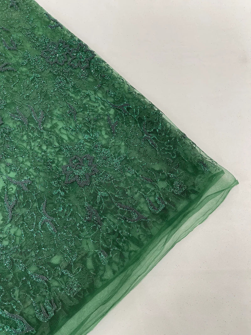 Flower Glitter Fabric - Hunter Green - 3D Floral Tulle Fabric for Wedding, Quinceañera By Yard