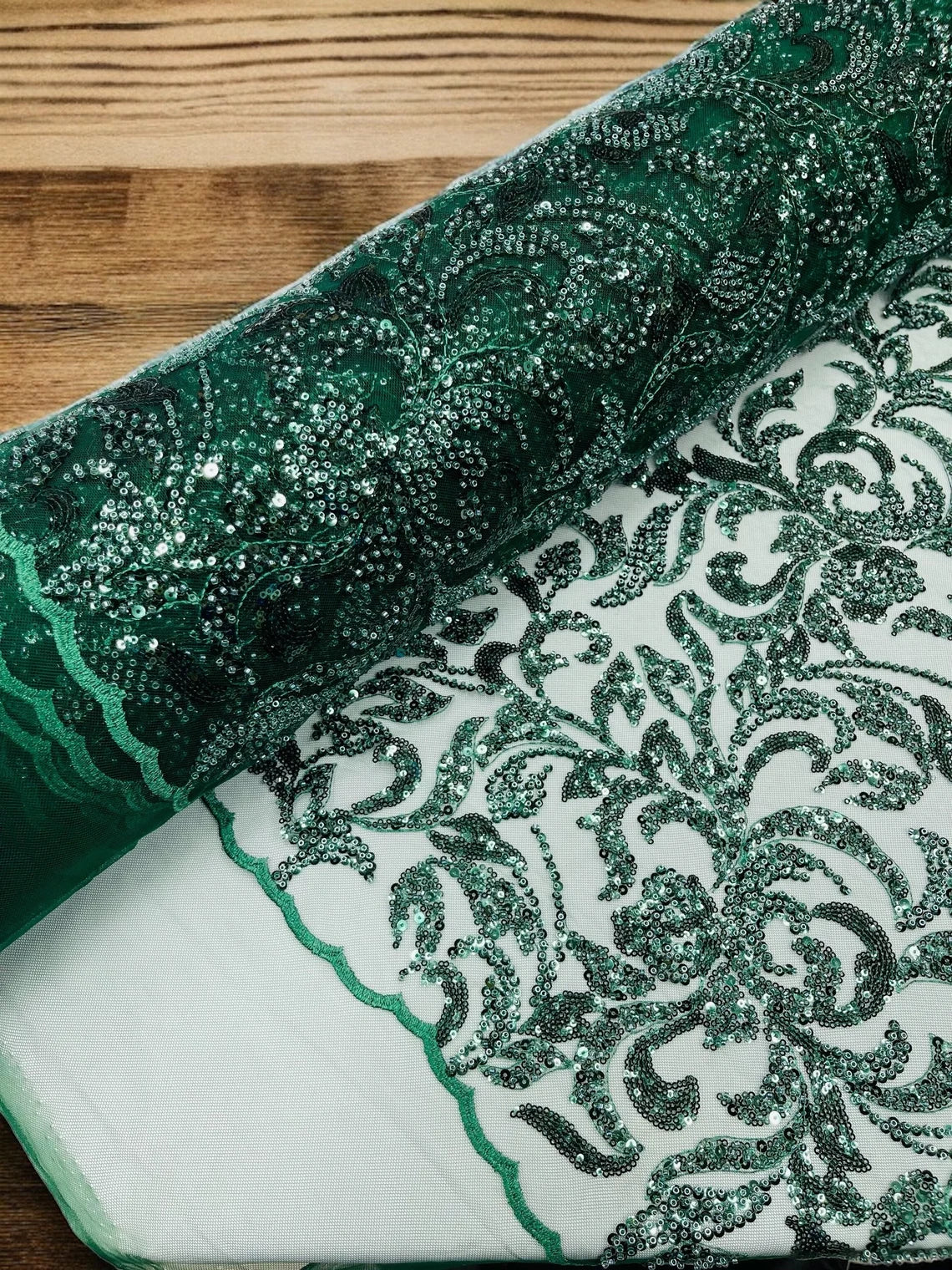 Beaded Flower Leaf Fabric - Hunter Green - Shiny Beads and Sequins in Flower Design on Lace by Yard