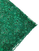 Butterfly Sequins Fabric - Hunter Green - Metallic Floral Butterfly Design on Lace Fabric By Yard