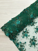 3D Flower Sequins Design - Hunter Green - Embroidered Pearl Sequins Floral Clusters Lace Fabric By Yard