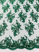 Beaded Flower Sequins Fabric - Hunter Green - Embroidered Beaded Floral Clusters Sequins Fabric By Yard