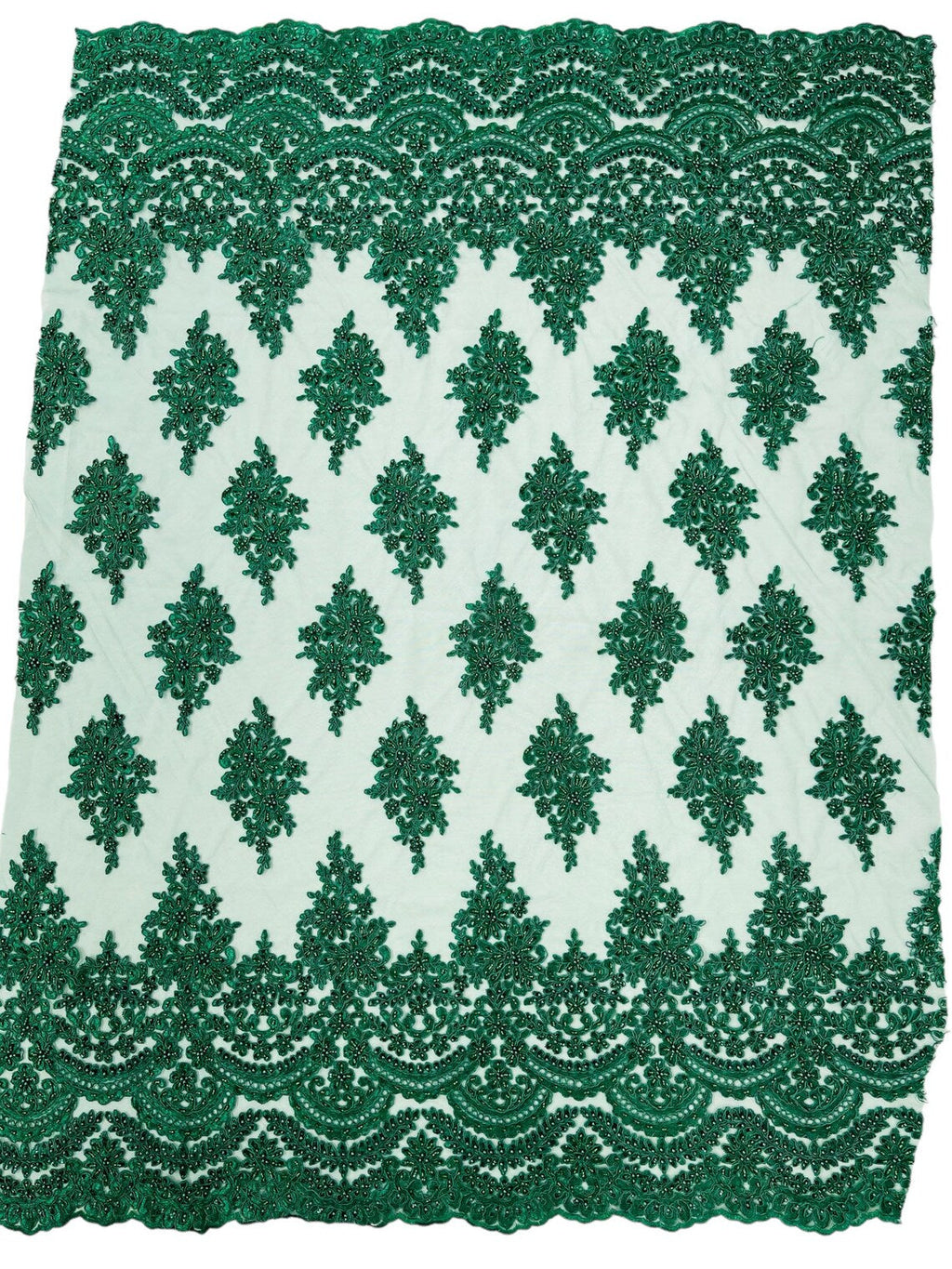 Beaded Flower Cluster Fabric - Hunter Green - Embroidered Beaded Fancy Border Floral Fabric Sold By Yard