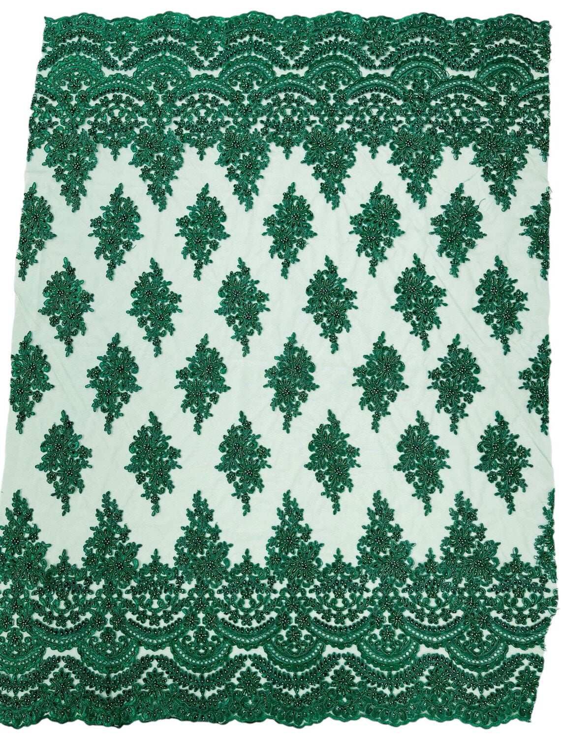 Beaded Flower Cluster Fabric - Hunter Green - Embroidered Beaded Fancy Border Floral Fabric Sold By Yard