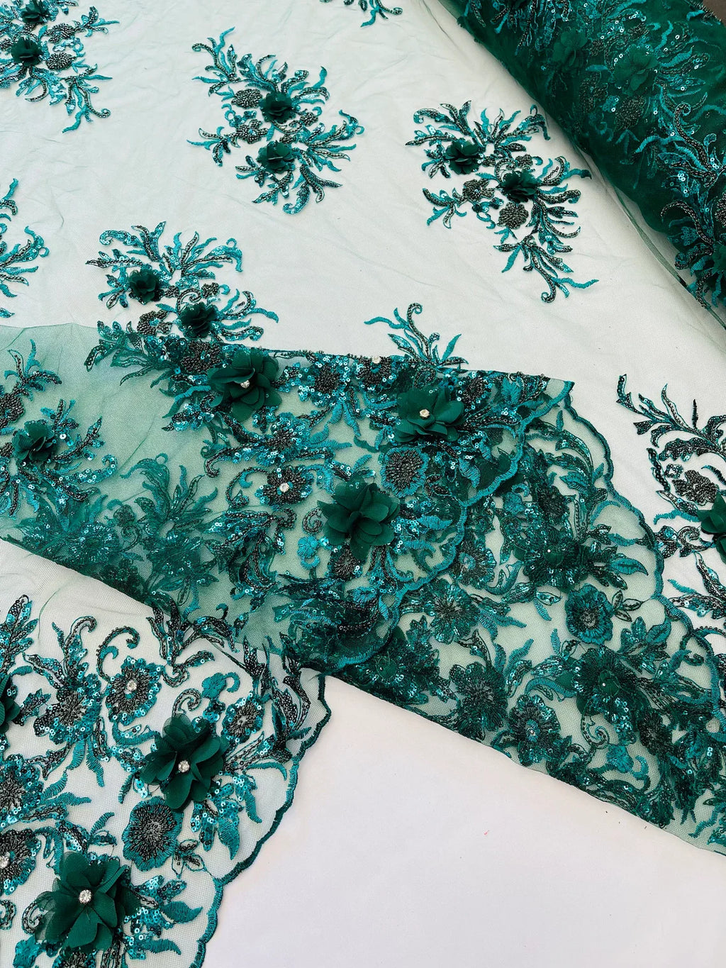 3D Floral Rhinestone Fabric - Hunter Green - Beaded Flower Clusters with Rhinestones / Sequins By Yard