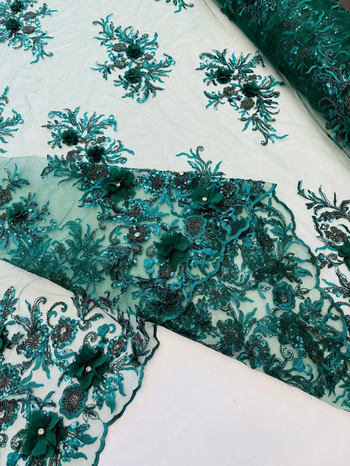 3D Floral Rhinestone Fabric - Hunter Green - Beaded Flower Clusters with Rhinestones / Sequins By Yard