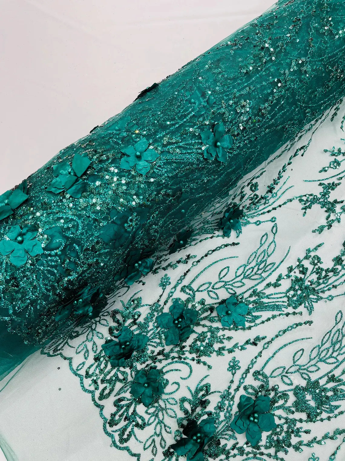 3D Glitter Floral Design Fabric - Hunter Green - Floral Line Design Embroidered Sequins Fabric by Yard